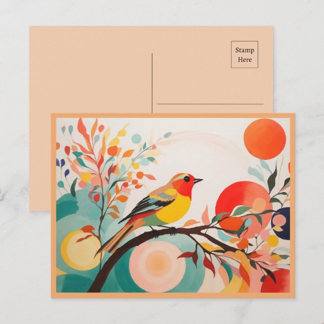 Postal Armonía Melódica, Pájaro Cantador Abstracto en Ram (Anverso / Reverso)