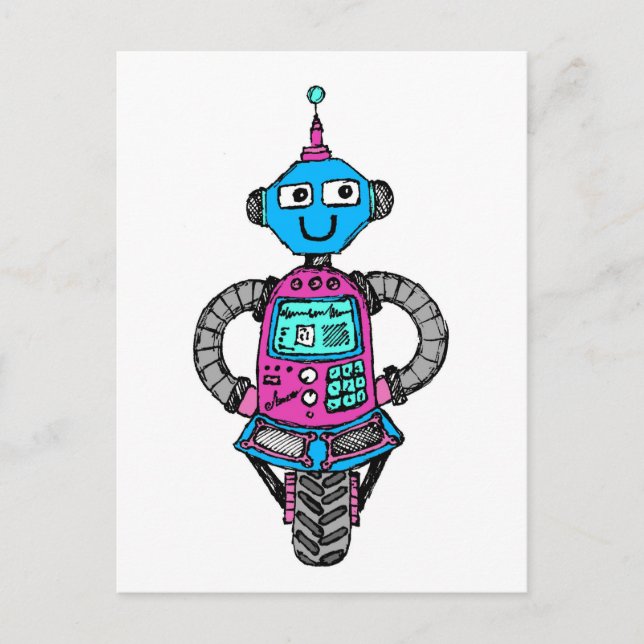 Postal Arnie Robot: rosa y azul (Anverso)