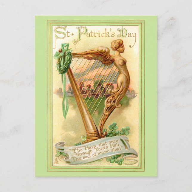 Postal Arpa irlandesa vintage y Shamrock (Anverso)