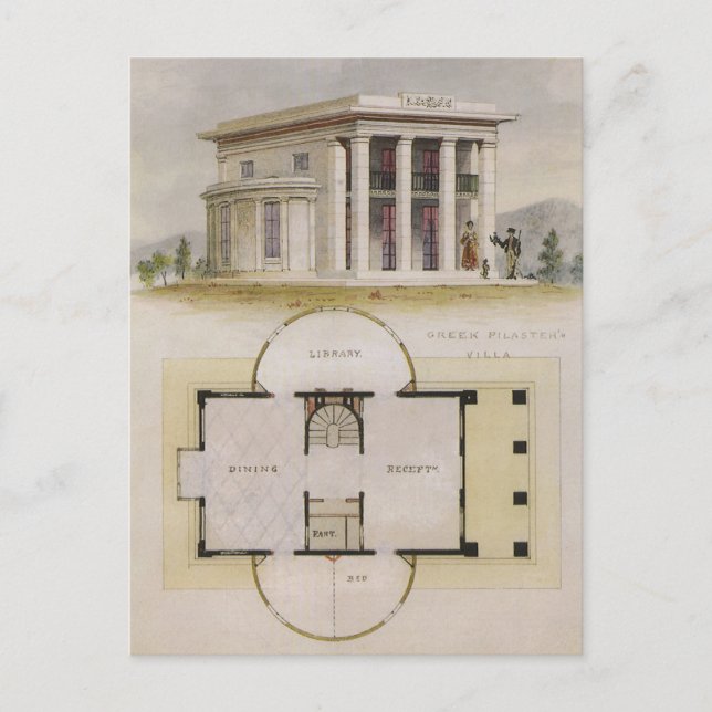 Postal Arquitectura vintage, planta baja y villa griega (Anverso)