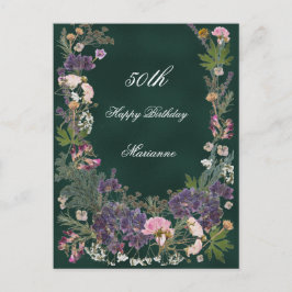 Postal Arreglo floral botánico de cumpleaños sobre verde 