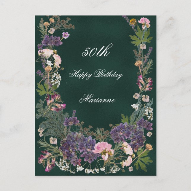 Postal Arreglo floral botánico de cumpleaños sobre verde  (Anverso)