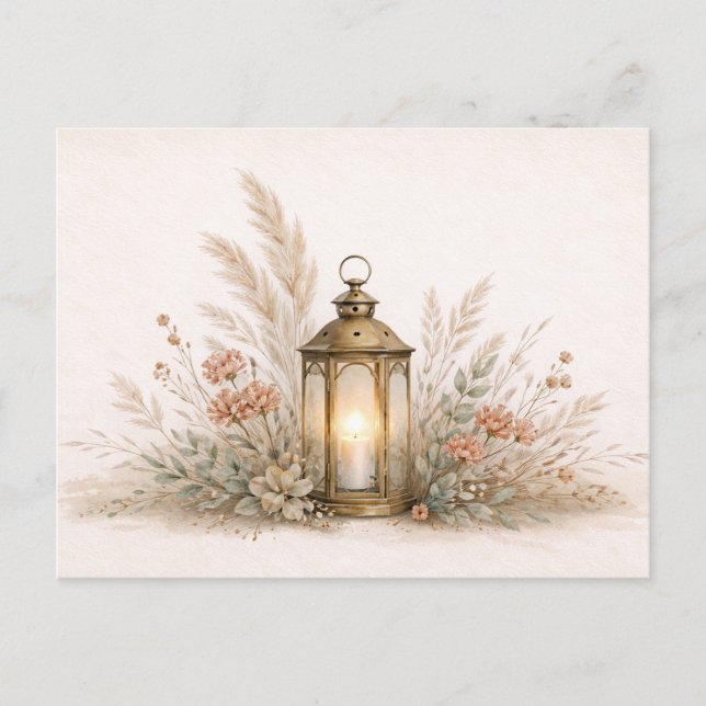 Postal Arreglo floral de linterna boho neutral suave (Anverso)