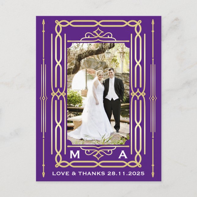 Postal Art Deco Amor y Gracias Oro Púrpura Foto Gracias (Anverso)