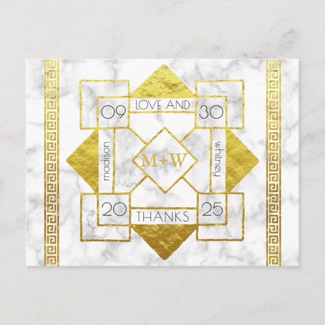 Postal Art Deco Amor y gracias Relieve metalizado dorado  (Anverso)