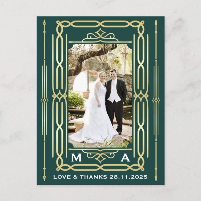 Postal Art Deco Love & Gracias Gold Green Photo Gracias (Anverso)
