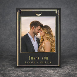 Postal Art Deco negro agradecimiento boda oro 