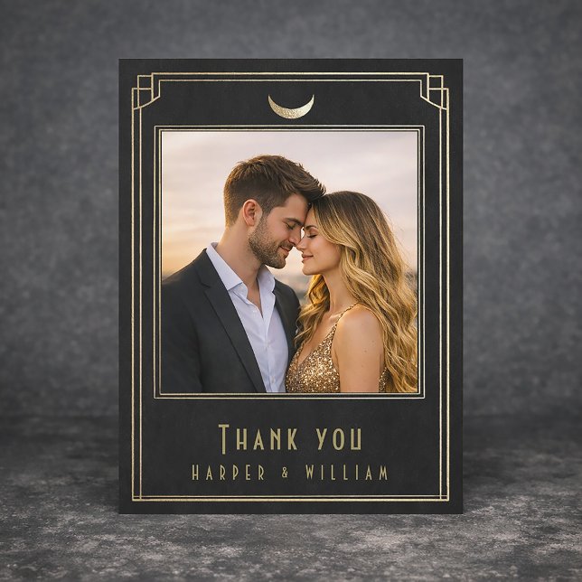 Postal Art Deco negro agradecimiento boda oro  (Equinox, Celestial Art deco black and gold thank you postcard with your photo.)
