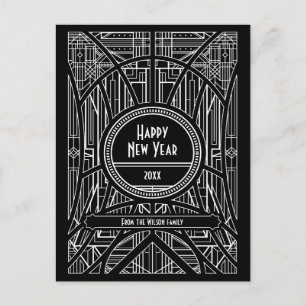Postal Art déco negro Feliz Año Nuevo