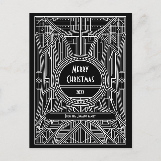 Postal Art deco retro negro y blanco Feliz Navidad (Anverso)