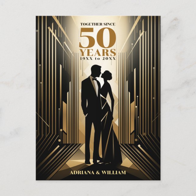 Postal Art Deco Retro Negro y Dorado Boda Aniversario (Anverso)