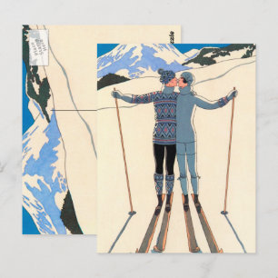Postal Art Deco vintage, amantes de la nieve por George B