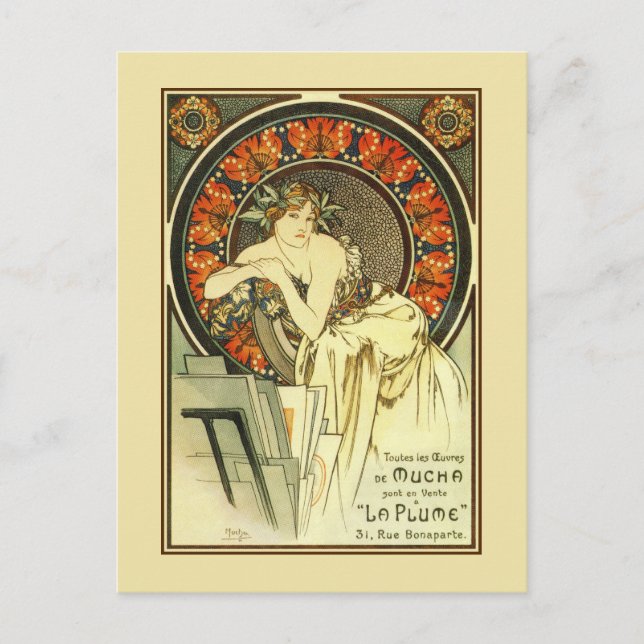 Postal Art Nouveau Alfons Mucha, portafolio y (Anverso)
