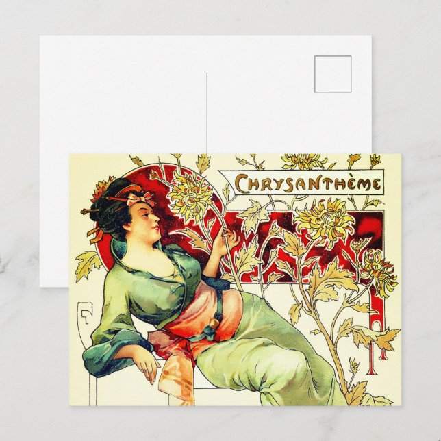 Postal Art nouveau Alphonse Mucha Crisantemo otoño  (Anverso / Reverso)