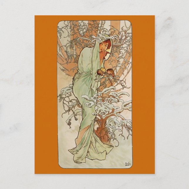 Postal Art Nouveau - Alphonse Mucha - Invierno (Anverso)