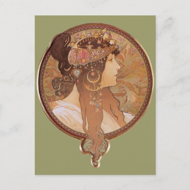 Postal Art Nouveau - Cabeza bizantina, La Brunette (Anverso)