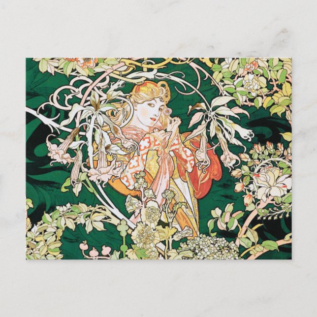 Postal Art Nouveau de Mucha: Mujer con Daisy (Anverso)
