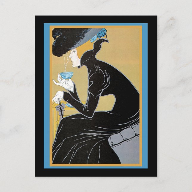 Postal Art Nouveau Lady tomando té (Anverso)