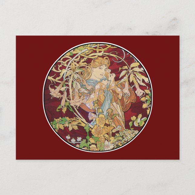 Postal Art Nouveau: Mucha - mujer con margarita (Anverso)