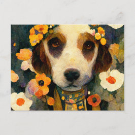 Postal Art Nouveau portrait of Beagle dog with flowers