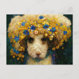 Postal Art Nouveau portrait of poodle dog with flowers