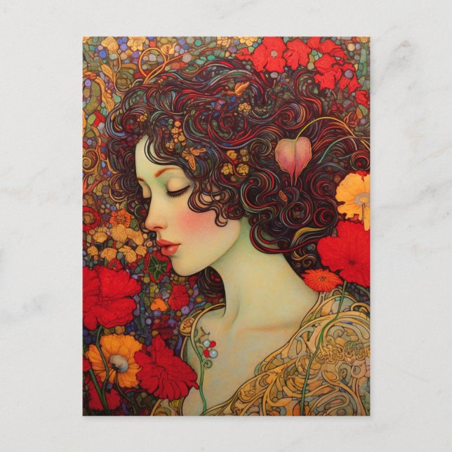 Postal Art Nouveau: Una mujer entre los lapiceros rojo y  (Anverso)