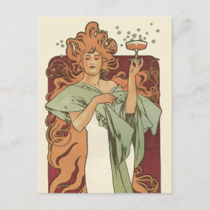 Postal Art Nouveau vintage de Mucha, Fiesta de Champagne