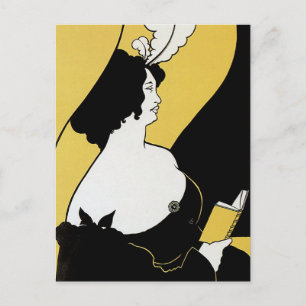Postal Art Nouveau vintage, mujer leyendo libro amarillo