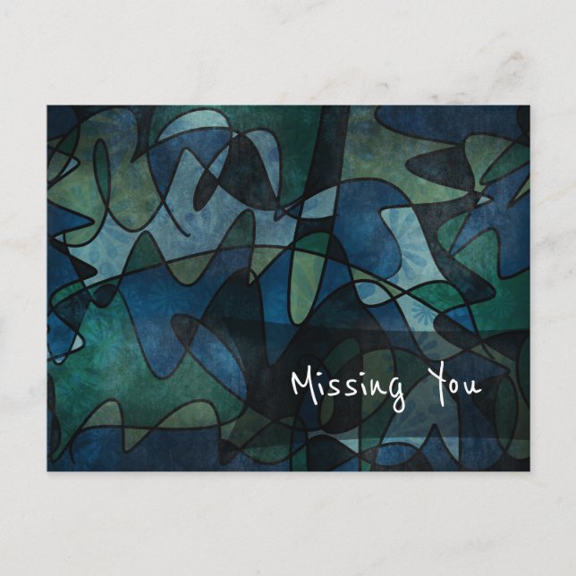 Postal Arte abstracto azul, verde y turquesa "Te extraño" (Anverso)