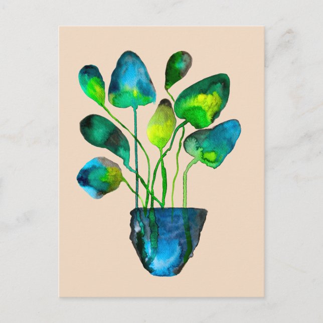 Postal Arte abstracto de plantas en acuarela verde y azul (Anverso)