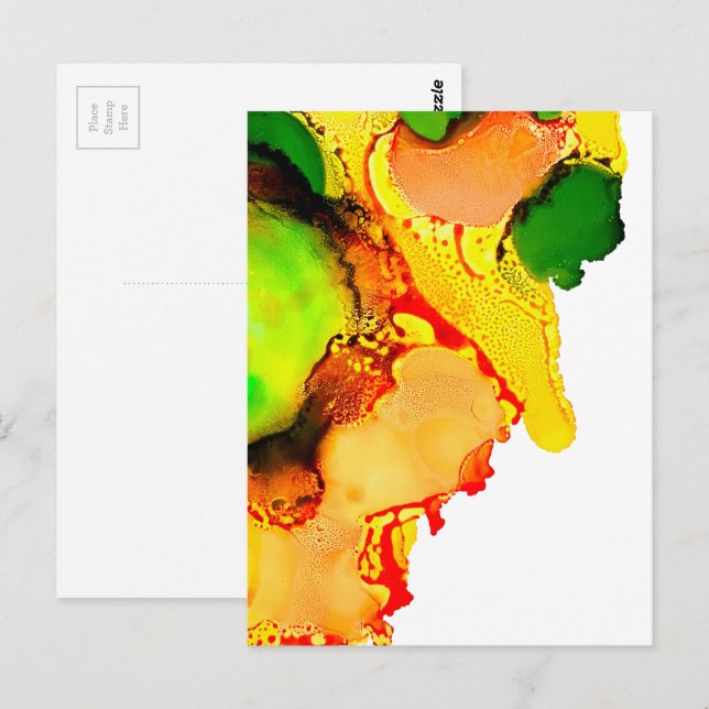 Postal Arte abstracto tinta de alcohol amarillo verde (Anverso / Reverso)