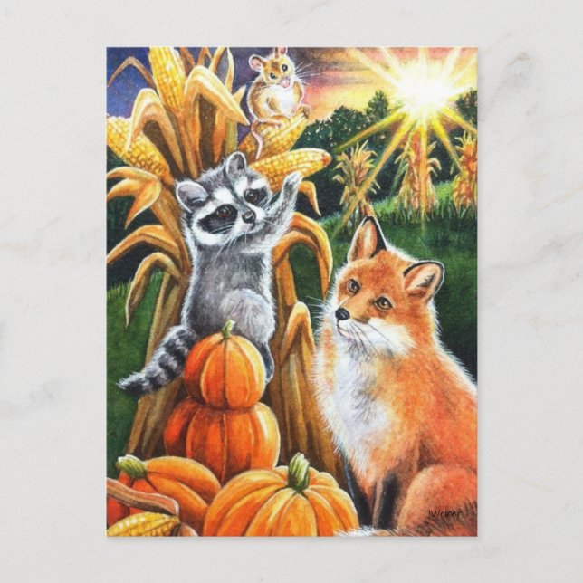 Postal Arte Acuarela Cosecha de Otoño Maíz Zorro Rojo Map (Anverso)
