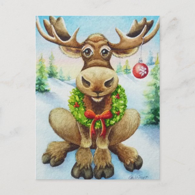 Postal Arte Acuarela de Reno de Navidad Invernal Capricho (Anverso)