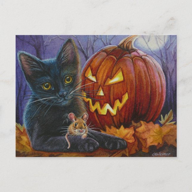 Postal Arte acuarela No. 2 del gato y el ratón de Hallowe (Anverso)