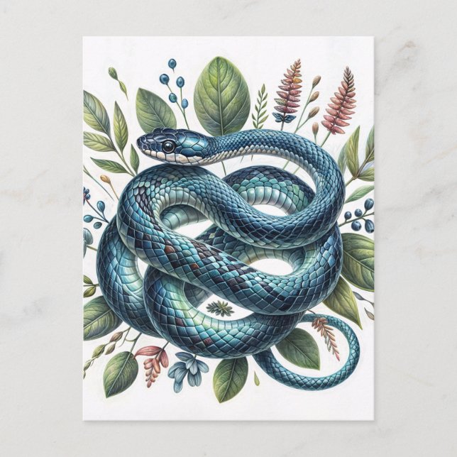Postal Arte acuático botánico de serpiente azul (Anverso)