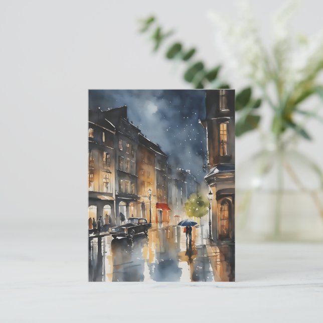 Postal Arte acuático de la ciudad lluviosa (Anverso de pie)
