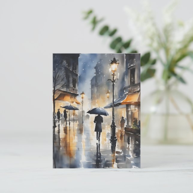 Postal Arte acuático de la ciudad lluviosa (Anverso de pie)