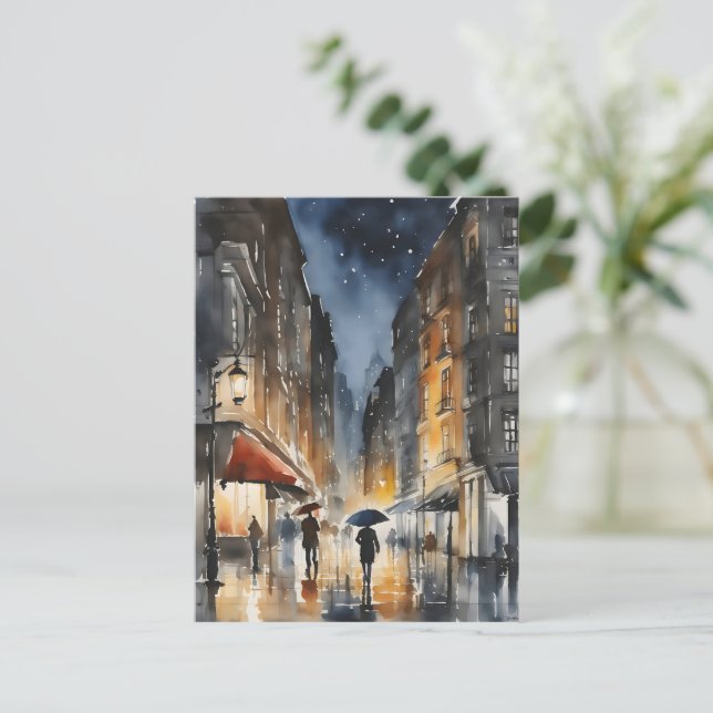 Postal Arte acuático de la ciudad lluviosa (Anverso de pie)