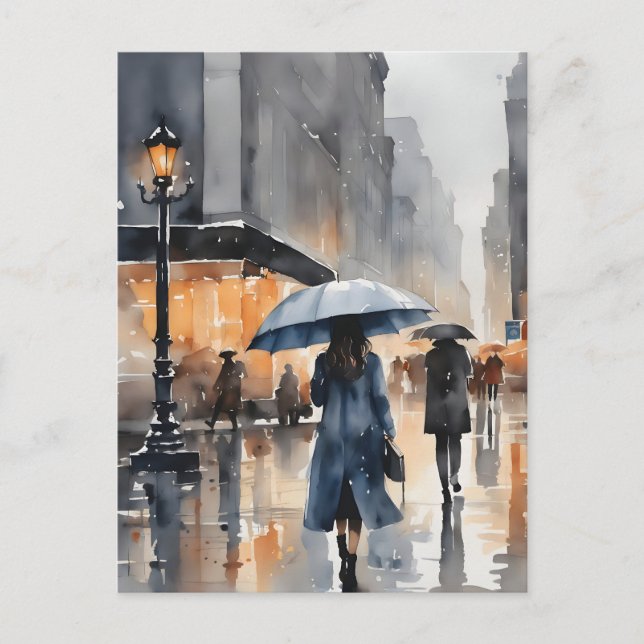 Postal Arte acuático de la ciudad lluviosa