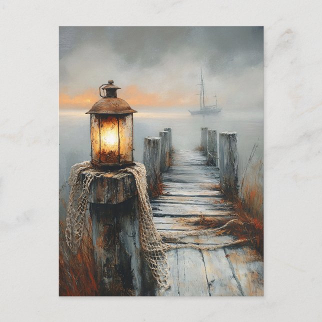 Postal Arte acuático náutico de muelle y linterna (Anverso)