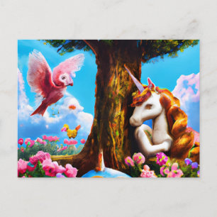 Postal Arte Adorable de Unicornio y Aves Rosa