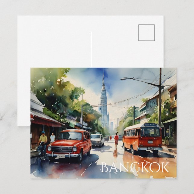 Postal arte al acuarela de Bangkok (Anverso / Reverso)