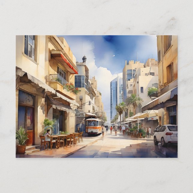 Postal arte al acuarela de Tel Aviv (Anverso)
