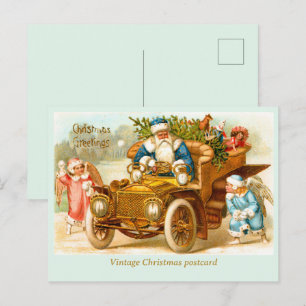 Postal Arte Antiguo de Coche de Santa y Ángeles Azul Vint