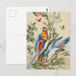 Postal Arte Antiguo de Loro Tropical y Mariposa