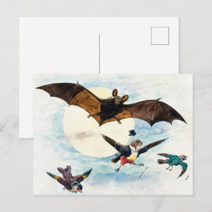 Postal Arte antiguo modernista Murciélago y pájaros vesti