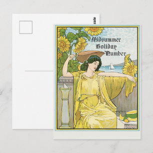 Postal Arte Antiguo Moderno de Verano Mujer Girasoles