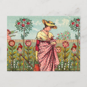Postal Arte Antiguo Mujer Flor Creciente Jardín