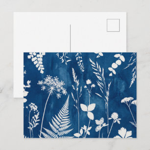 Postal Arte botánico de helecho con cianotipia azul añil