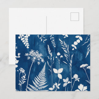 Postal Arte botánico de helecho con cianotipia azul añil 